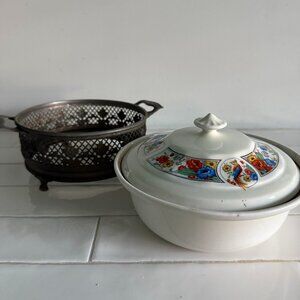 Original The Hall China Co. Hot Dish with Silver Holder